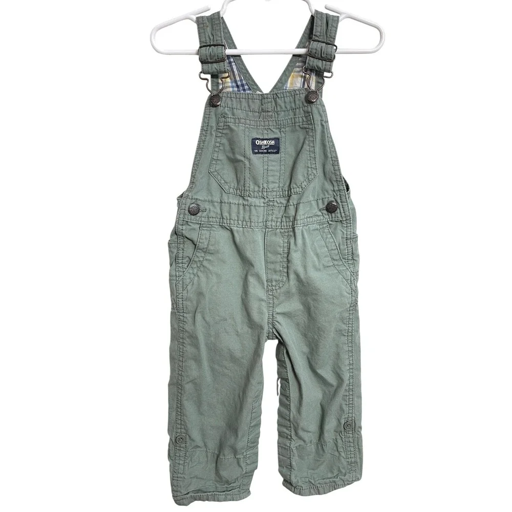 OshKosh B'gosh 24M Sage Green Canvas Overalls Plaid Lined Rustic Cottagecore